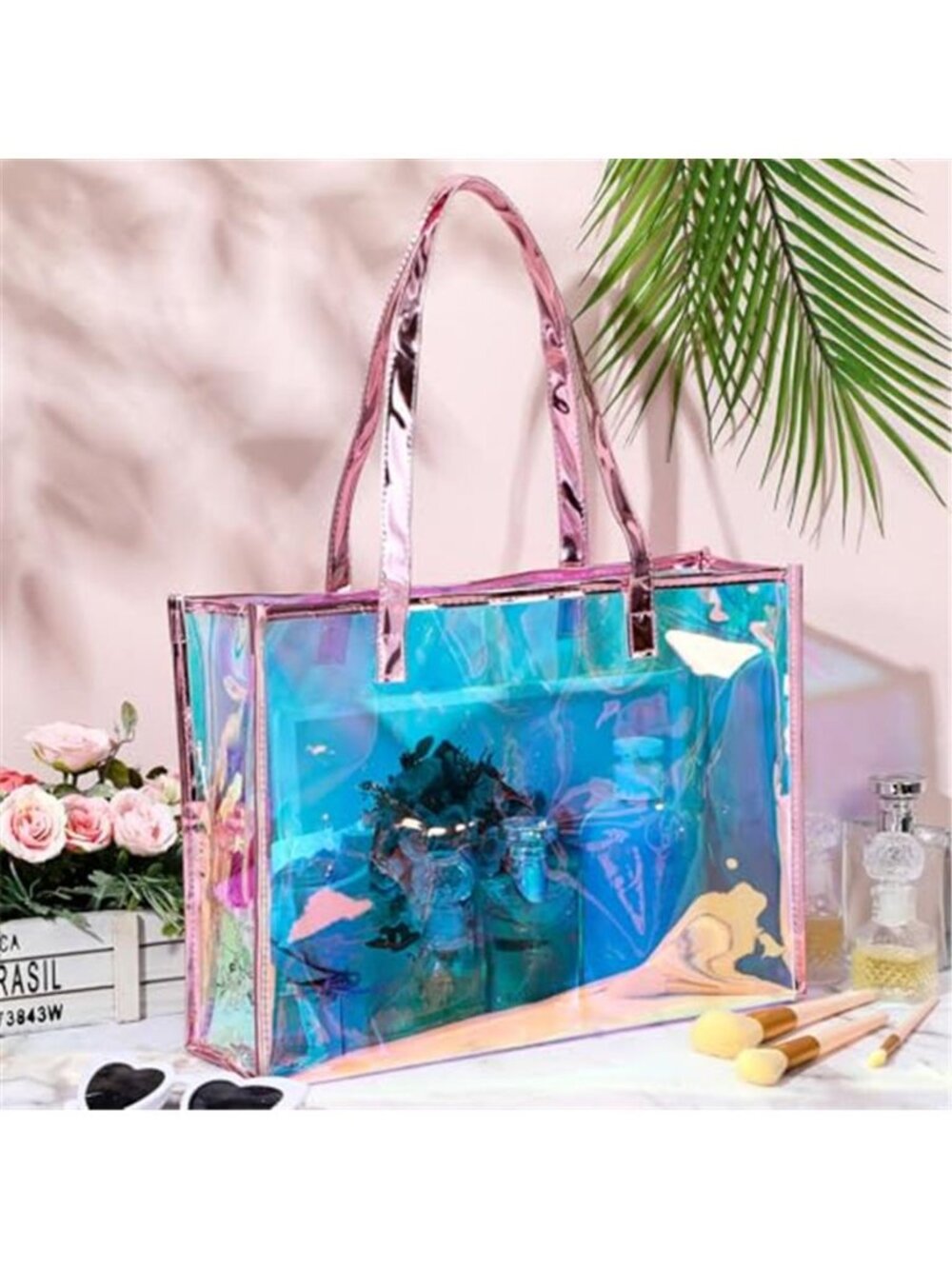 Holographic Clear Tote Bag with Leather Handle Iridescent Bachelorette - Picture 3 of 6